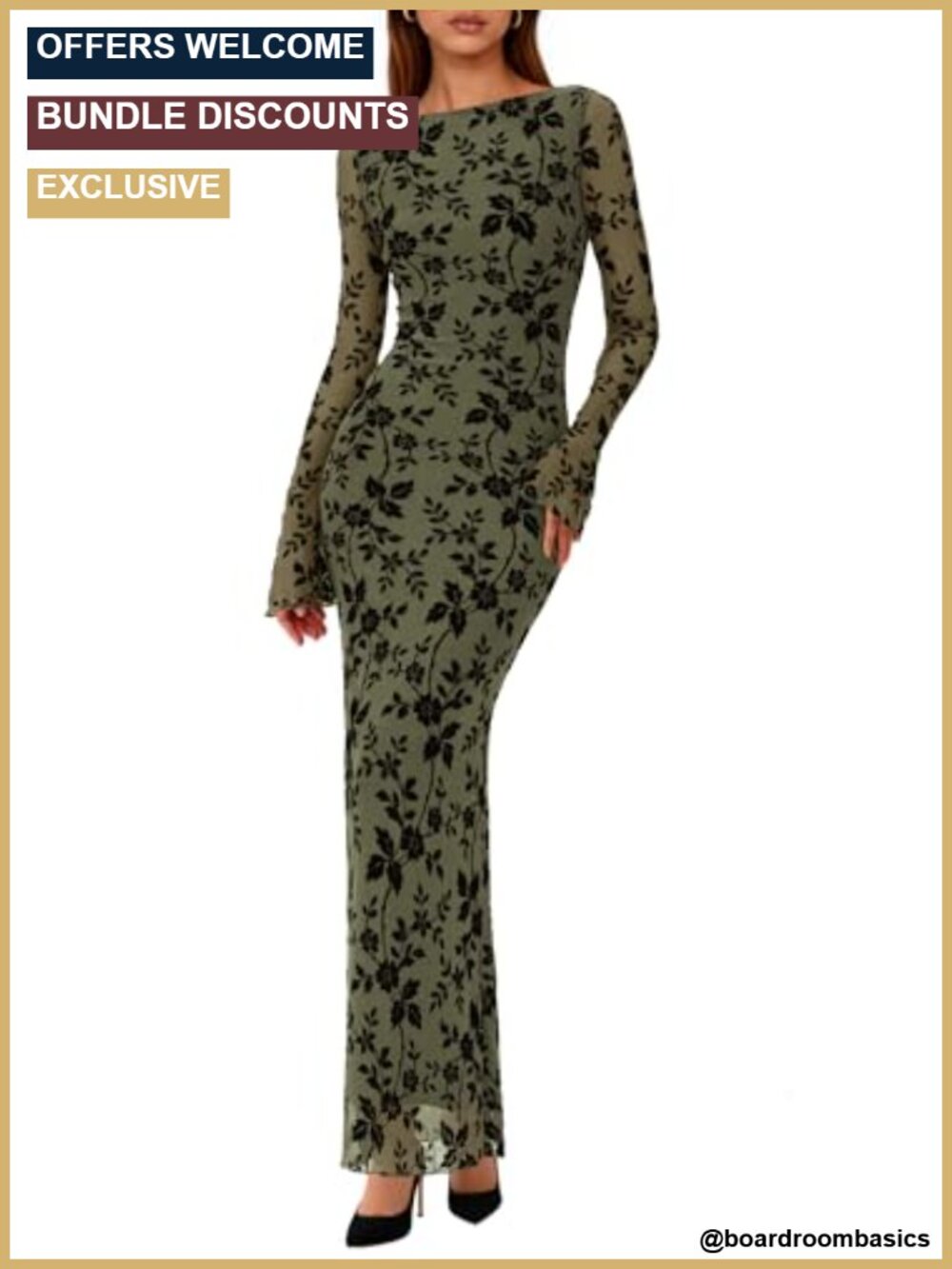 Floral Bodycon Maxi Dress Long Sleeve Boat Neck Formal Wedding Guest